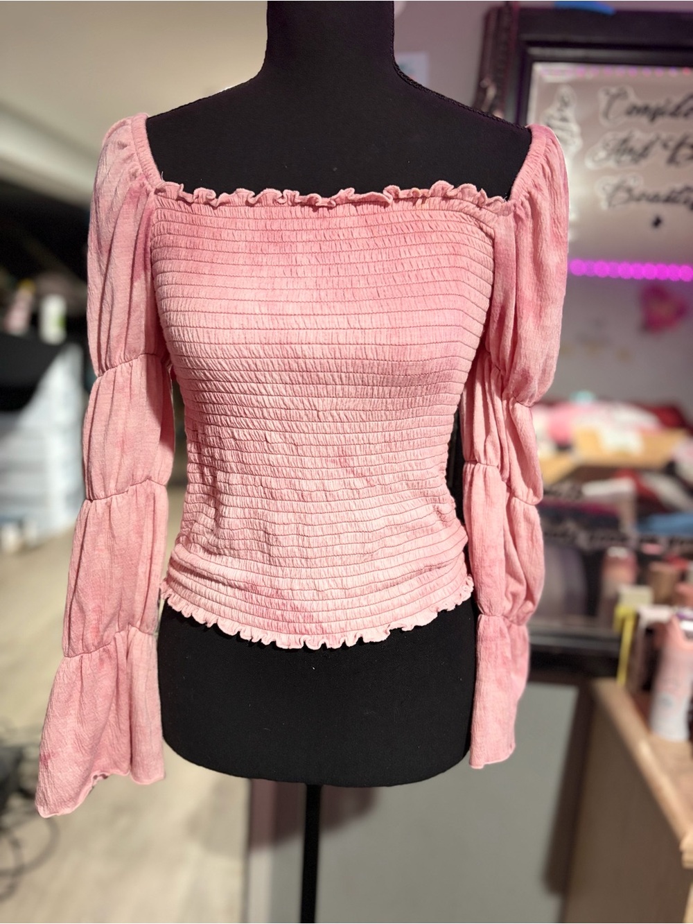 NWOT Rewash Blush Pink Smocked Off-Shoulder Bubble Sleeve Blouse-M